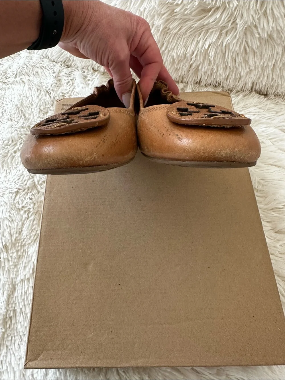 Tory Burch Minnie Travel Ballet Flats Tan Leather Logo Slip On Shoes Size 7
